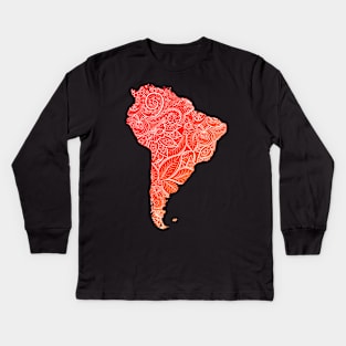 Colorful mandala art map of South America with text in blue and violet Colorful mandala art map of South America with text in red and orange Kids Long Sleeve T-Shirt